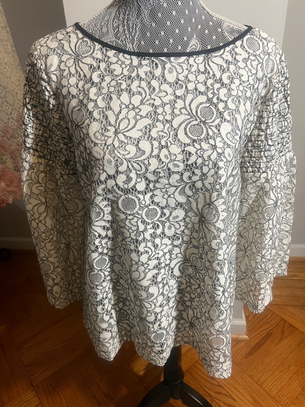 LOFT Cream Lace Tunic with with black trim collar